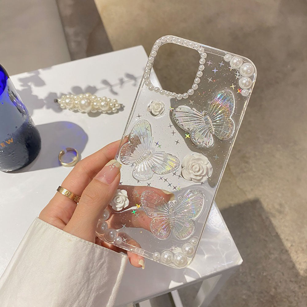 French Retro Pearl Flower Glitter Butterfly Phone Case For iPhone