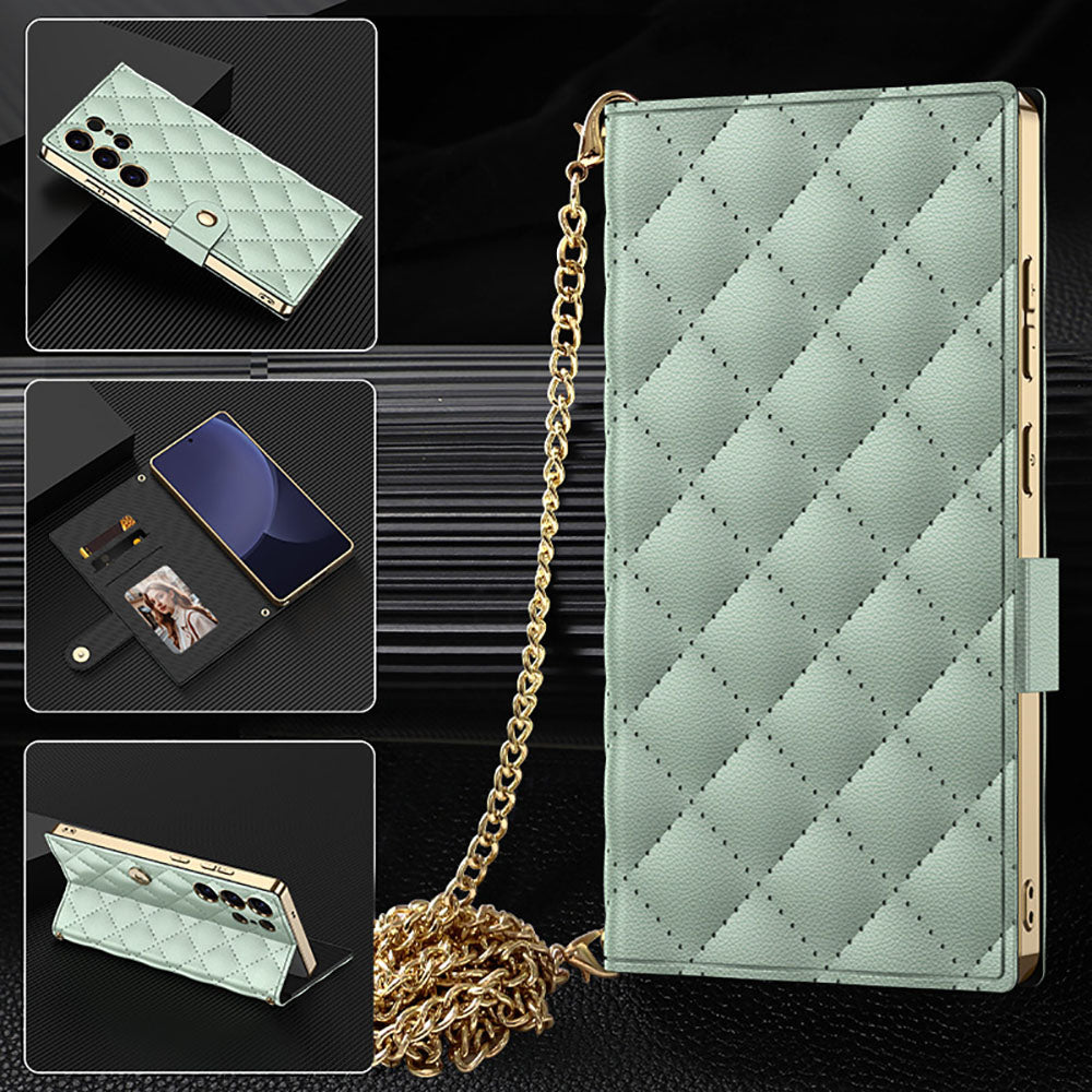 Flip Card Slot Diamond Pattern Chain Leather Phone Case For Samsung Galaxy