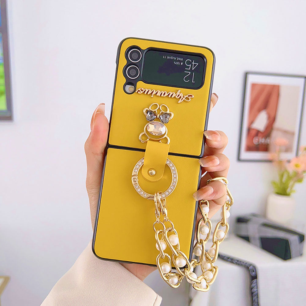 Rhinestone Bear Pearl Bracelet Phone Case For Samsung Galaxy Z Flip3 Flip4 5G