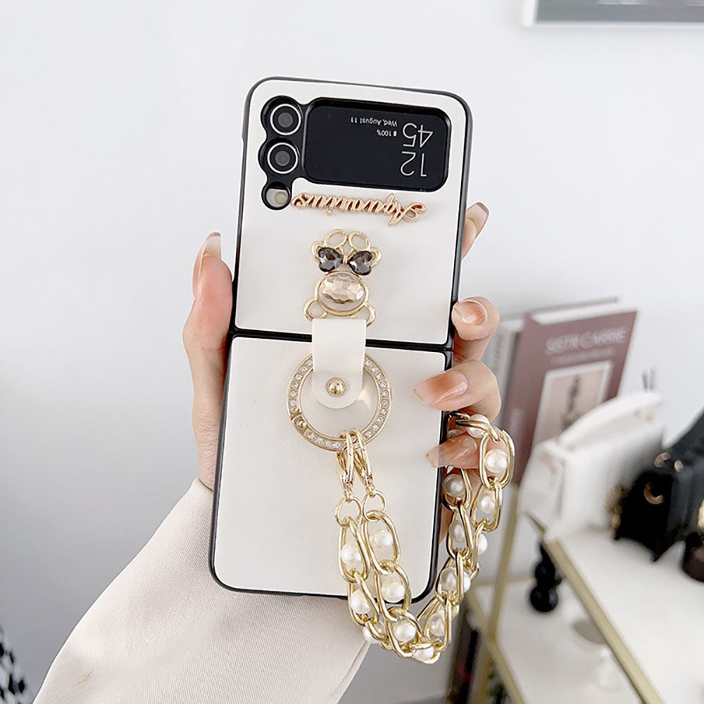 Rhinestone Bear Pearl Bracelet Phone Case For Samsung Galaxy Z Flip3 Flip4 5G