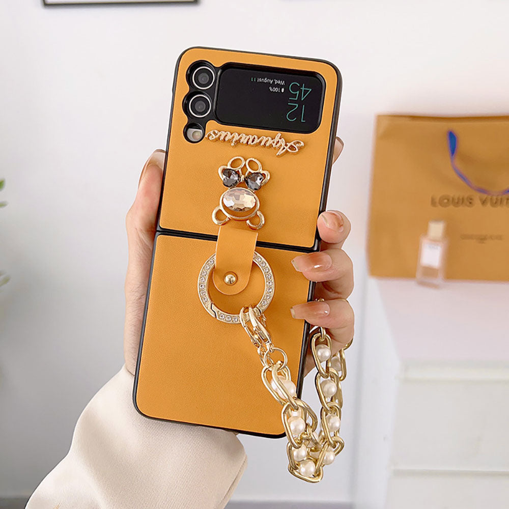 Rhinestone Bear Pearl Bracelet Phone Case For Samsung Galaxy Z Flip3 Flip4 5G