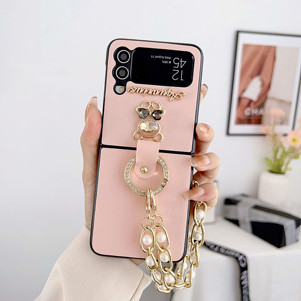 Rhinestone Bear Pearl Bracelet Phone Case For Samsung Galaxy Z Flip3 Flip4 5G
