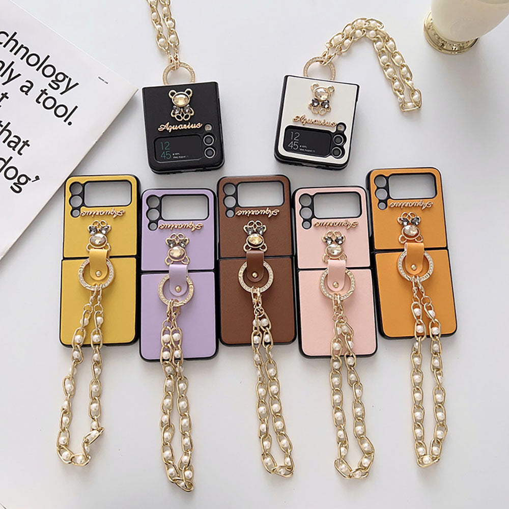 Rhinestone Bear Pearl Bracelet Phone Case For Samsung Galaxy Z Flip3 Flip4 5G