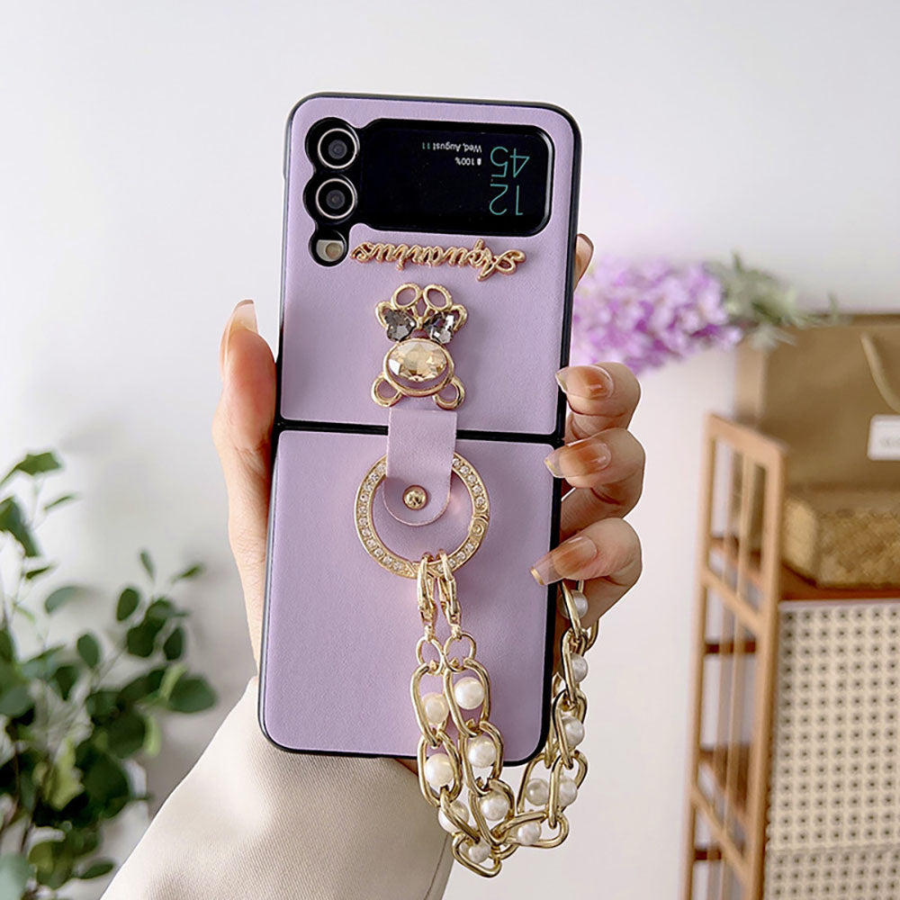 Rhinestone Bear Pearl Bracelet Phone Case For Samsung Galaxy Z Flip3 Flip4 5G