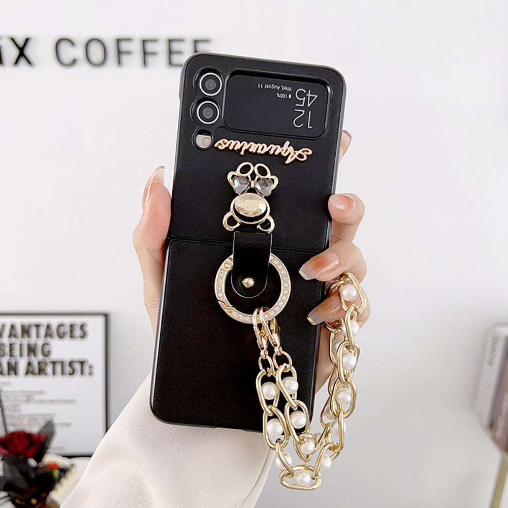 Rhinestone Bear Pearl Bracelet Phone Case For Samsung Galaxy Z Flip3 Flip4 5G