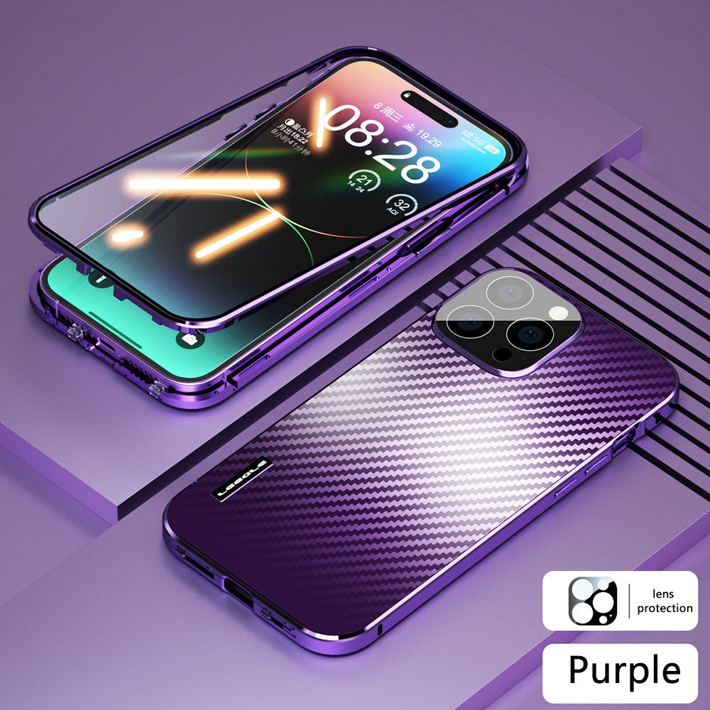 Magnetic Double Sided Tempered Glass Screen Protector Carbon Fiber Back Panel All-Inclusive Lens iPhone Case