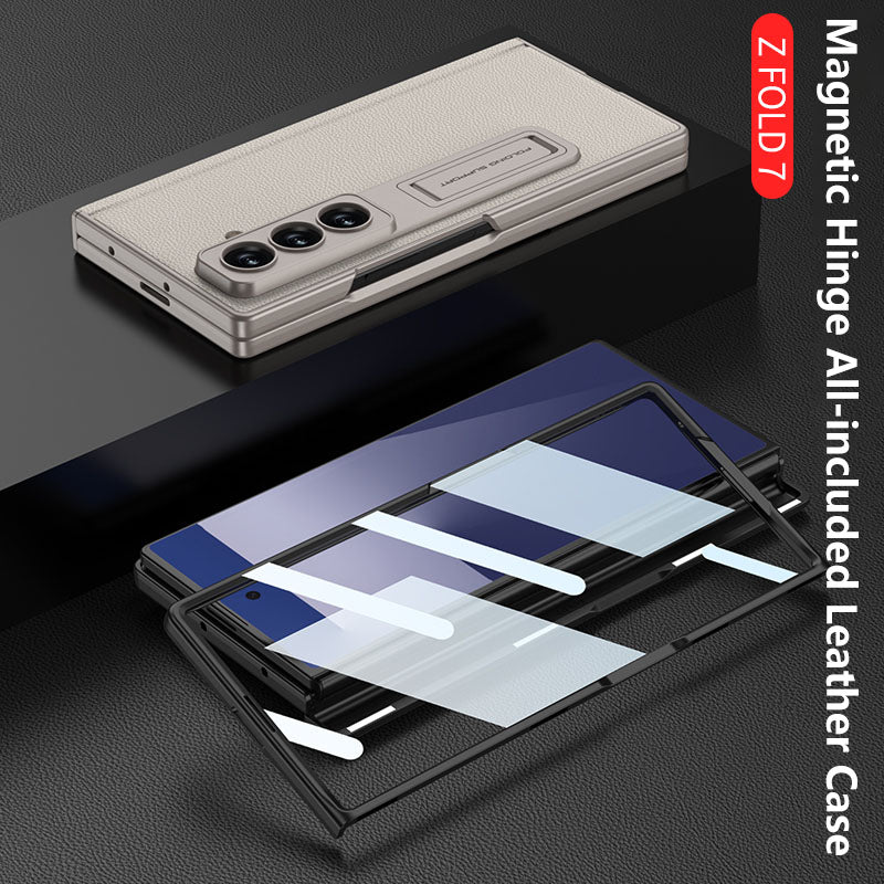 Magnetic Hinge Hidden Bracket All-included Leather Case With Back Screen Protector For Galaxy Z Fold 7/6/5