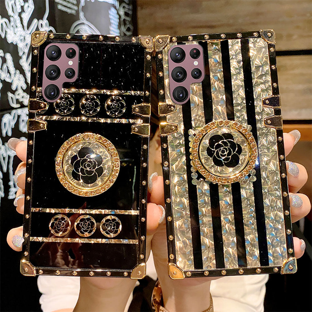 Newest Luxury Brand Black Rose Flower Stripe Glitter Gold Square For Samsung Galaxy