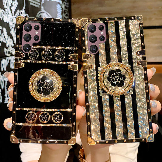 Newest Luxury Brand Black Rose Flower Stripe Glitter Gold Square For Samsung Galaxy