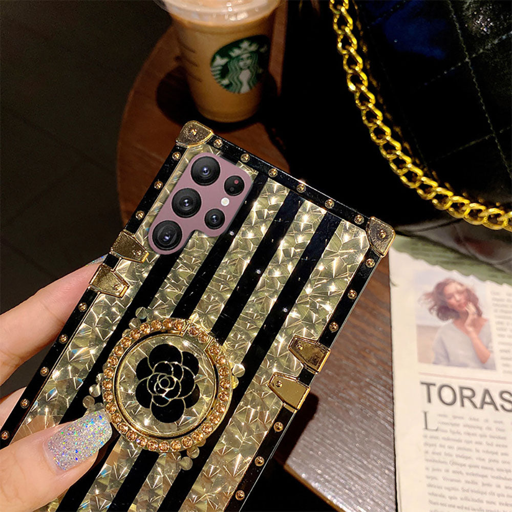 Newest Luxury Brand Black Rose Flower Stripe Glitter Gold Square For Samsung Galaxy