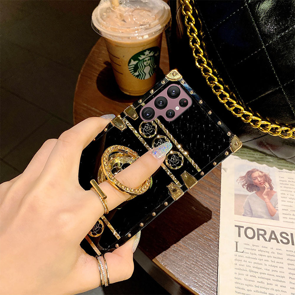 Newest Luxury Brand Black Rose Flower Stripe Glitter Gold Square For Samsung Galaxy