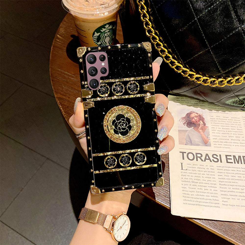 Newest Luxury Brand Black Rose Flower Stripe Glitter Gold Square For Samsung Galaxy