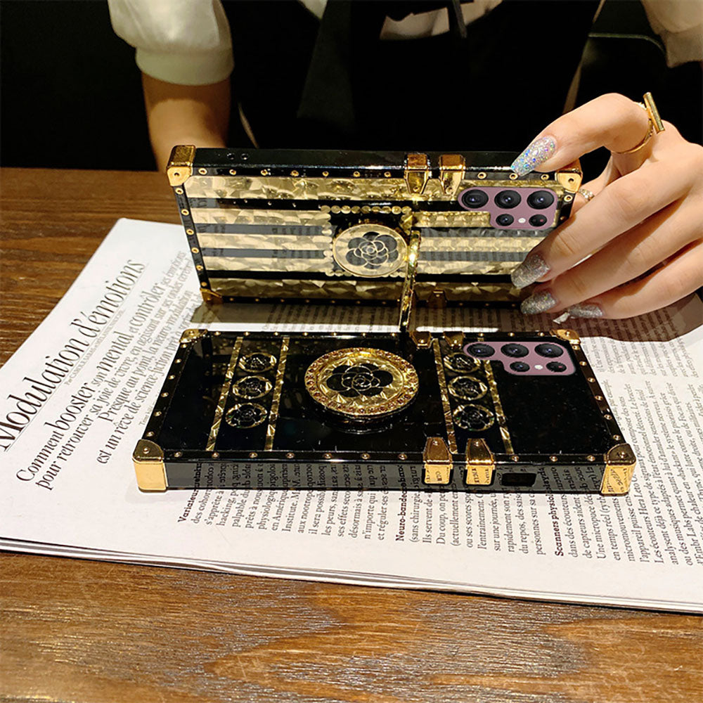 Newest Luxury Brand Black Rose Flower Stripe Glitter Gold Square For Samsung Galaxy