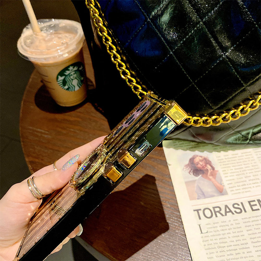 Newest Luxury Brand Black Rose Flower Stripe Glitter Gold Square For Samsung Galaxy