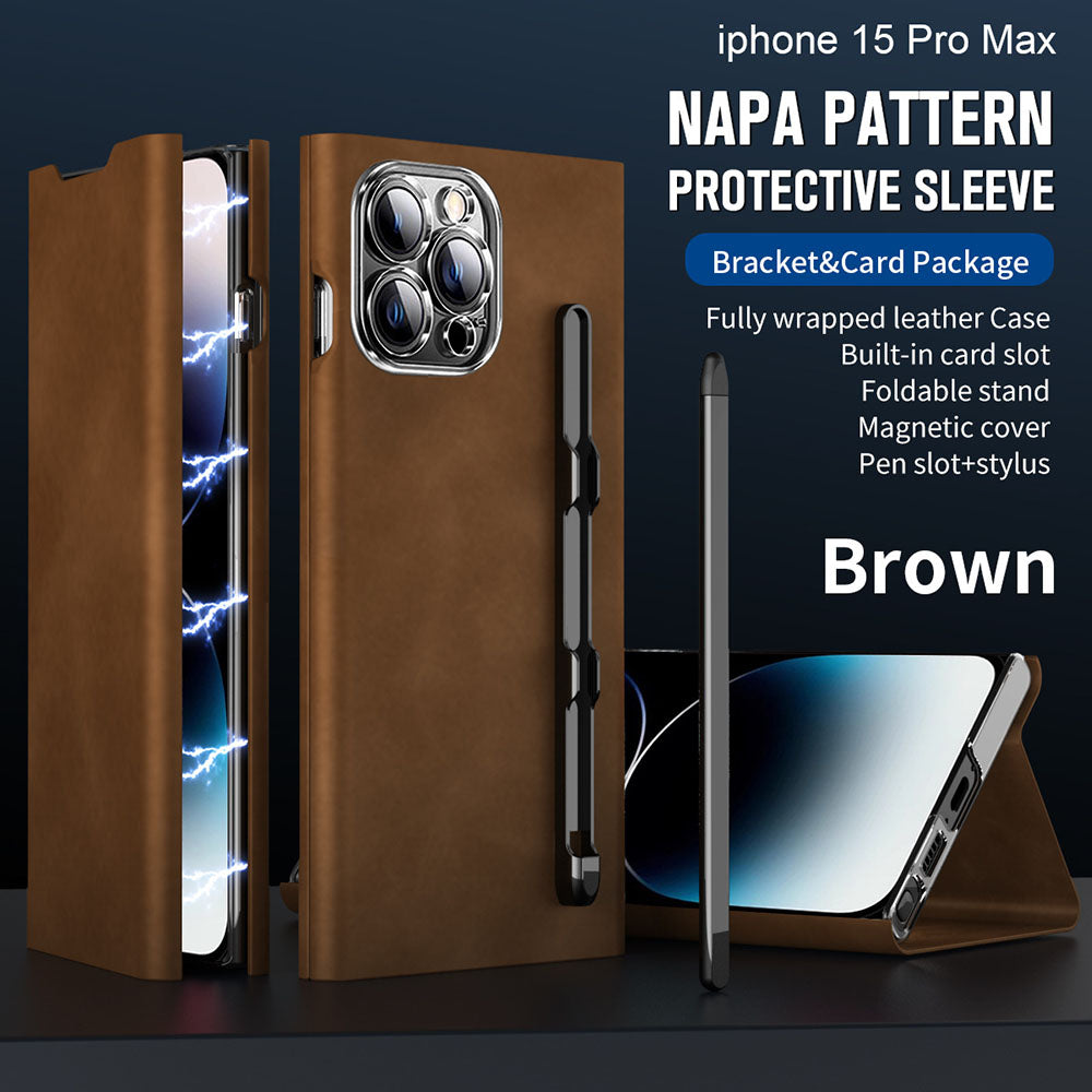 Card Holder Magnetic Anti-Fall Protective Leather Case With Pen Slot Phone Case For iPhone