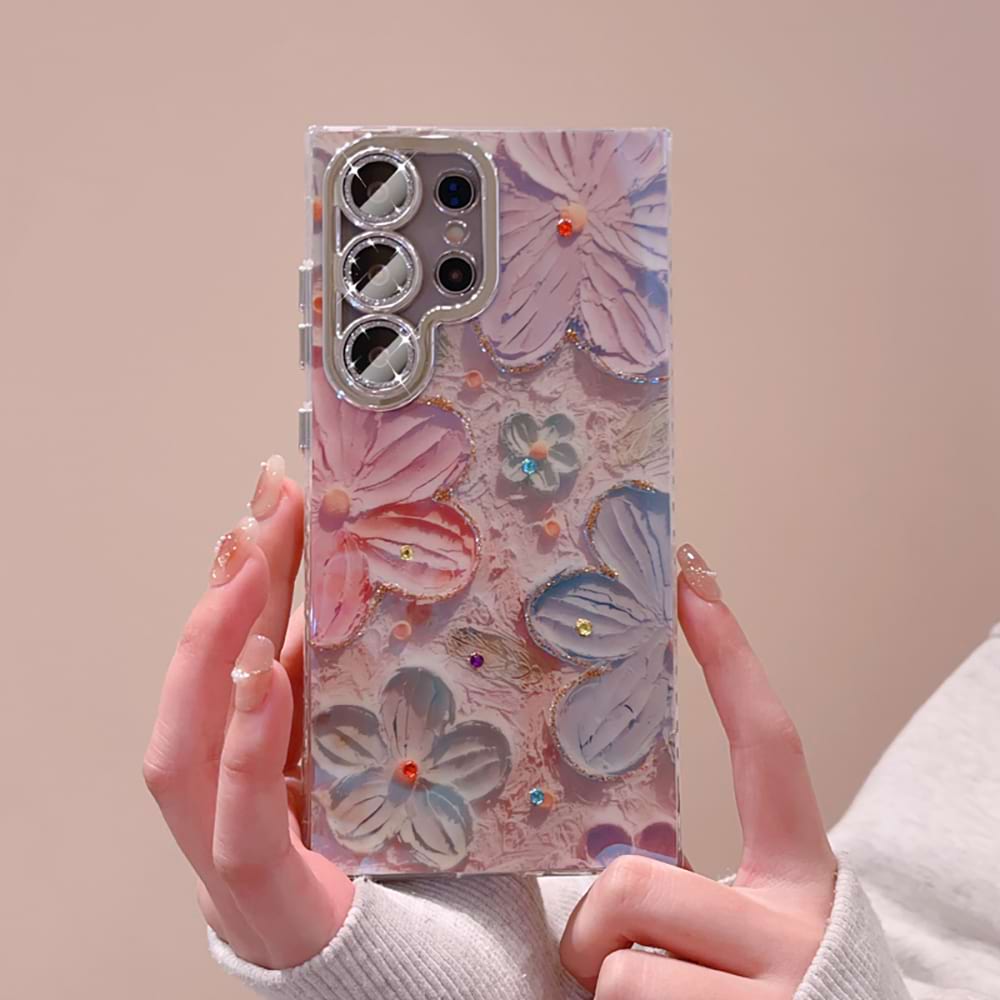 Ins Hot Oil Painting Flower Samsung/iPhone Case with Lens Protector Film