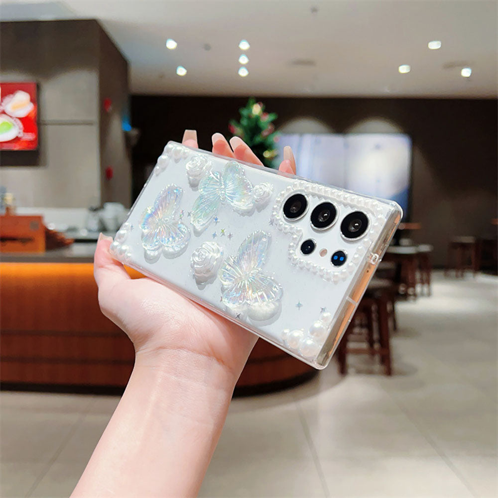 French Retro Pearl Flower Glitter Butterfly Phone Case For Samsung Galaxy
