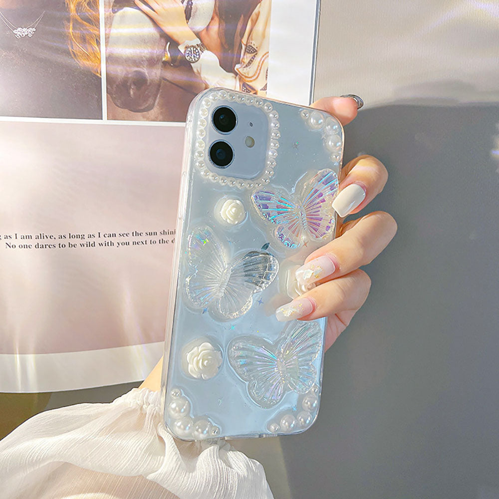French Retro Pearl Flower Glitter Butterfly Phone Case For iPhone
