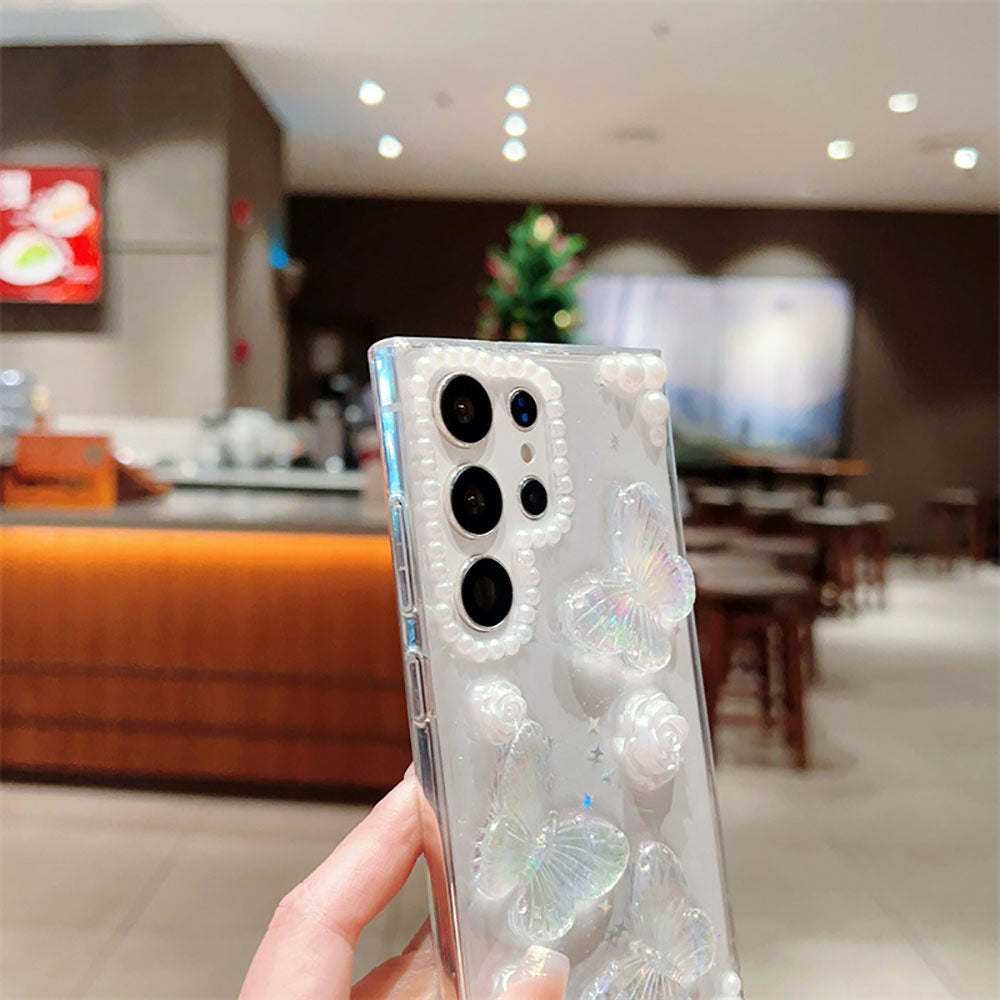 French Retro Pearl Flower Glitter Butterfly Phone Case For Samsung Galaxy