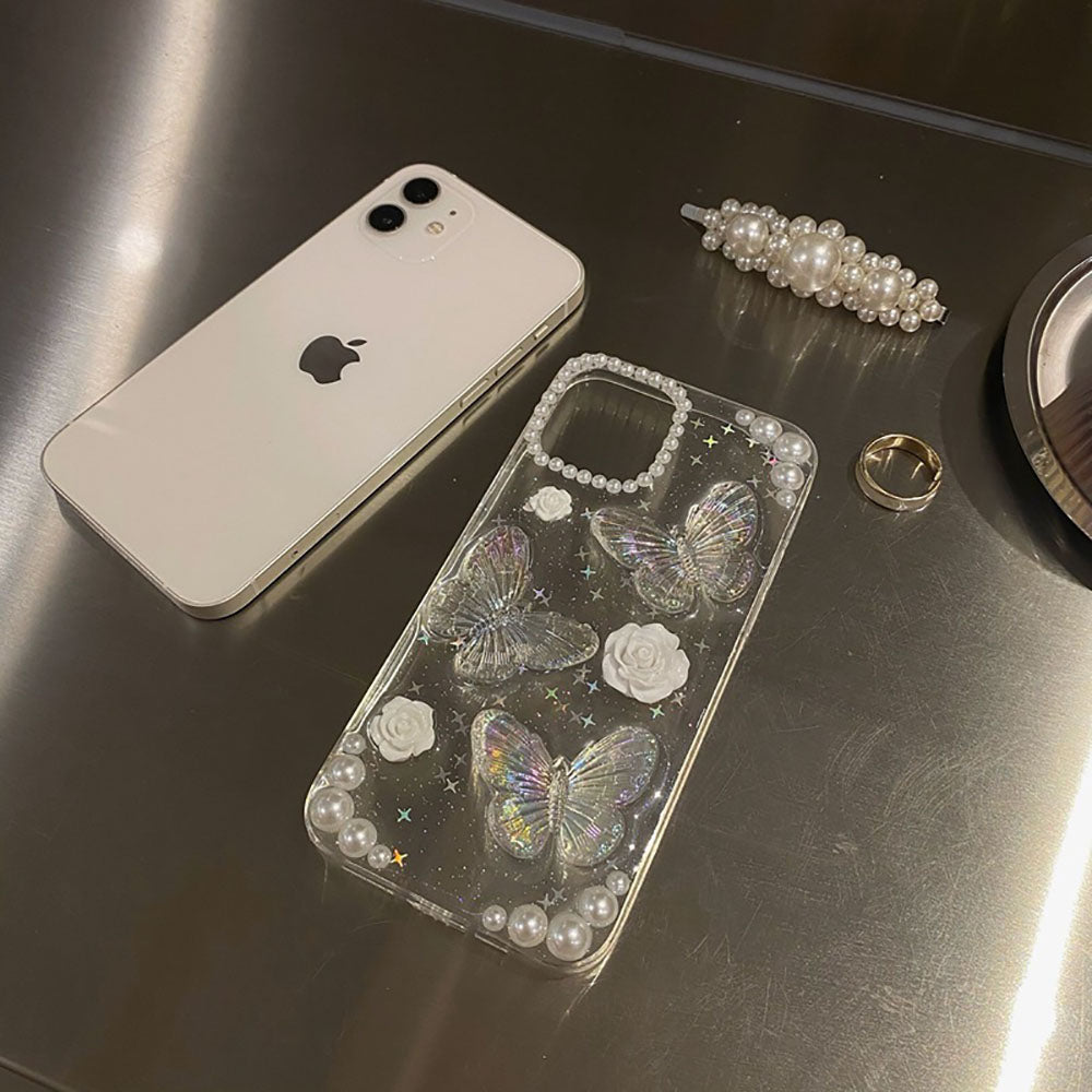 French Retro Pearl Flower Glitter Butterfly Phone Case For iPhone
