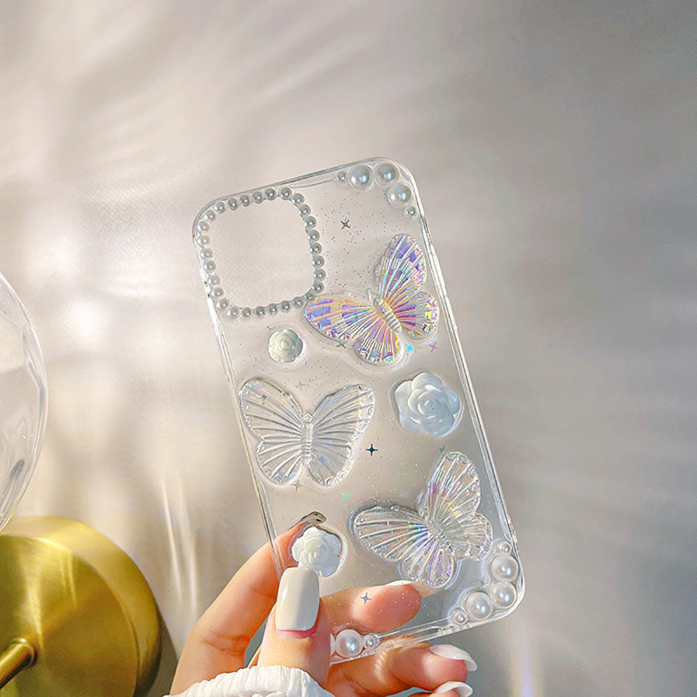 French Retro Pearl Flower Glitter Butterfly Phone Case For iPhone