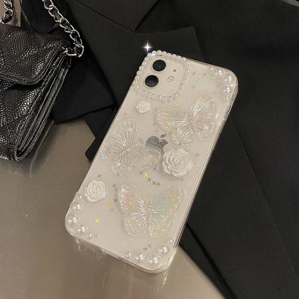 French Retro Pearl Flower Glitter Butterfly Phone Case For iPhone