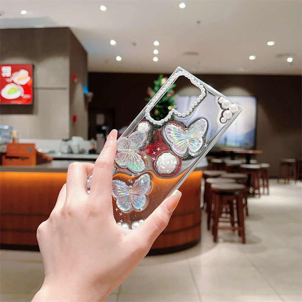 French Retro Pearl Flower Glitter Butterfly Phone Case For Samsung Galaxy