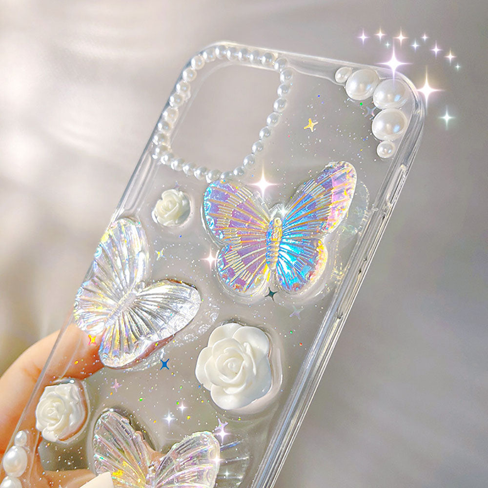 French Retro Pearl Flower Glitter Butterfly Phone Case For iPhone