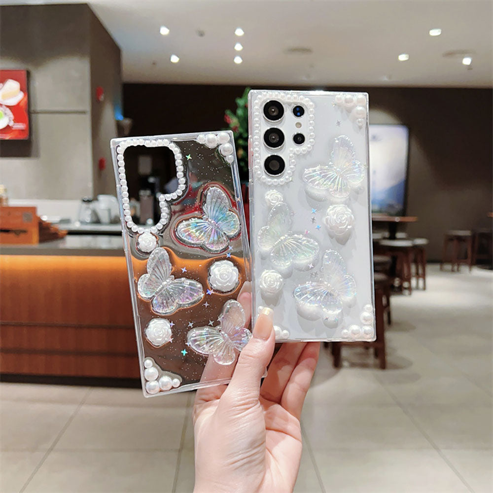 French Retro Pearl Flower Glitter Butterfly Phone Case For Samsung Galaxy