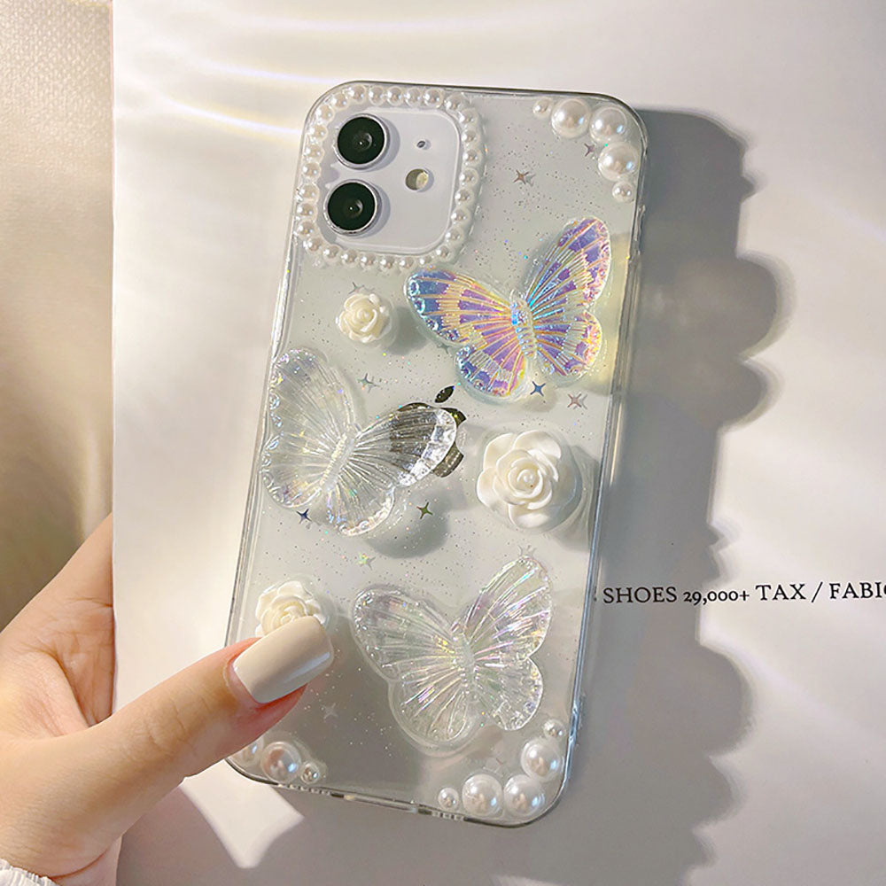 French Retro Pearl Flower Glitter Butterfly Phone Case For iPhone