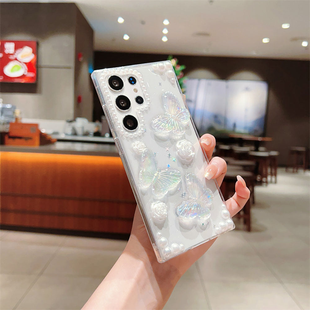 French Retro Pearl Flower Glitter Butterfly Phone Case For Samsung Galaxy