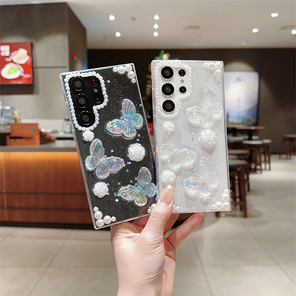 French Retro Pearl Flower Glitter Butterfly Phone Case For Samsung Galaxy