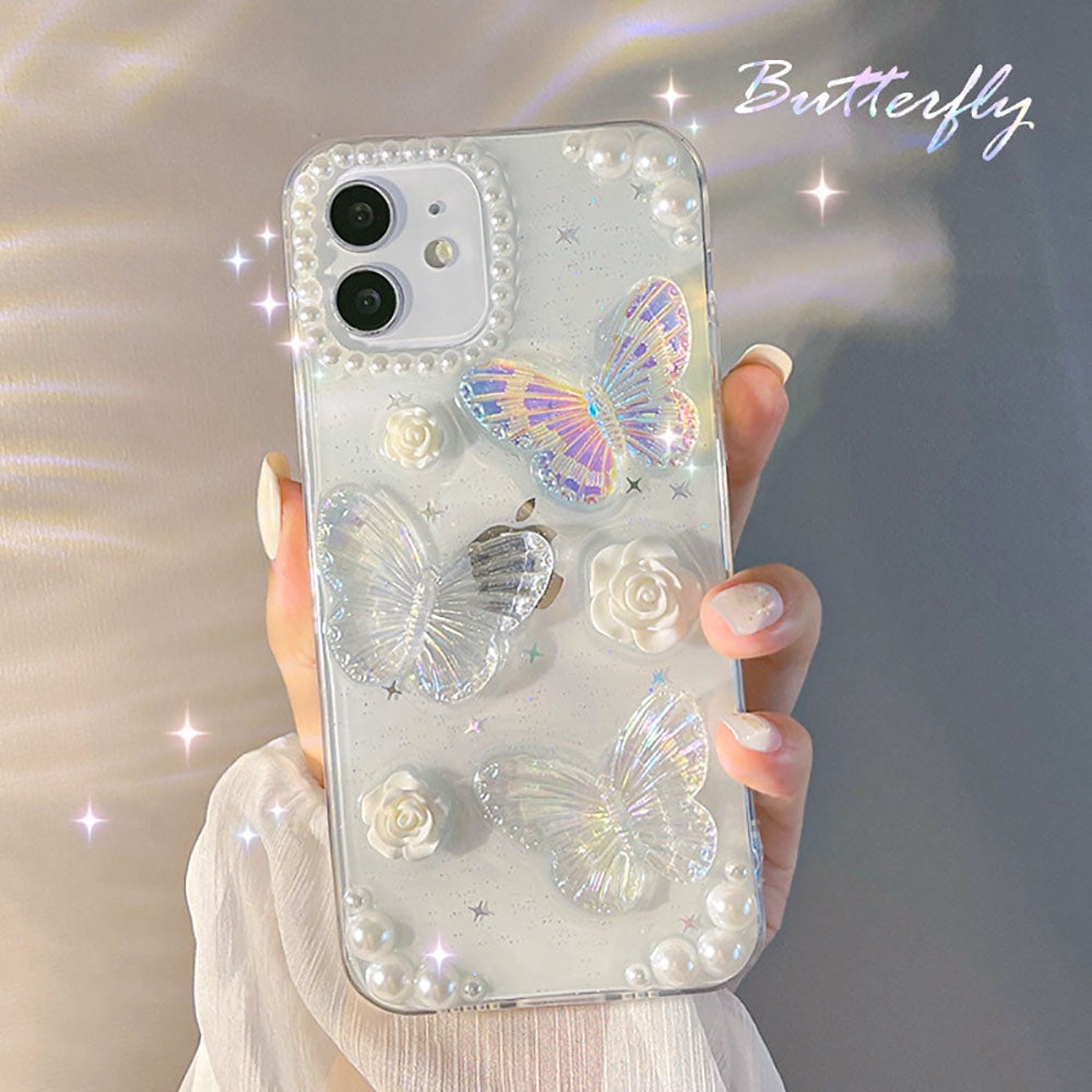 French Retro Pearl Flower Glitter Butterfly Phone Case For iPhone