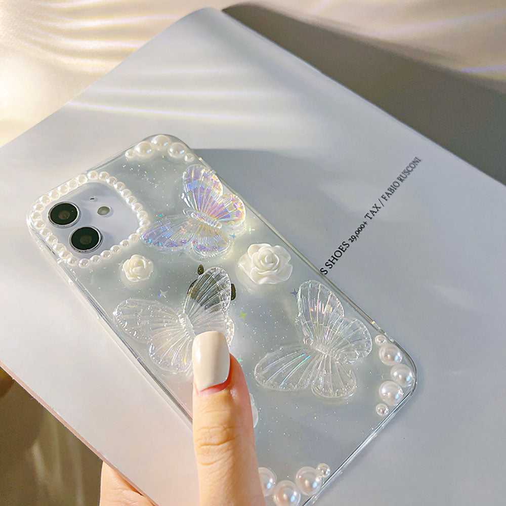 French Retro Pearl Flower Glitter Butterfly Phone Case For iPhone