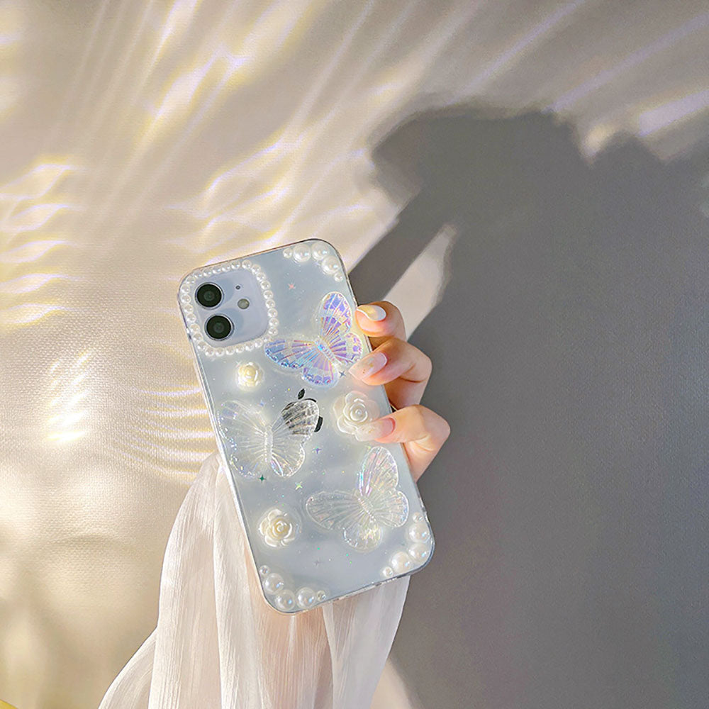 French Retro Pearl Flower Glitter Butterfly Phone Case For iPhone