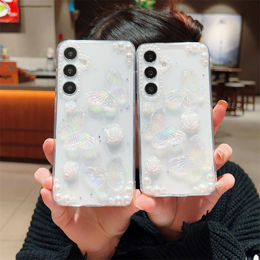 French Retro Pearl Flower Glitter Butterfly Phone Case For Samsung Galaxy