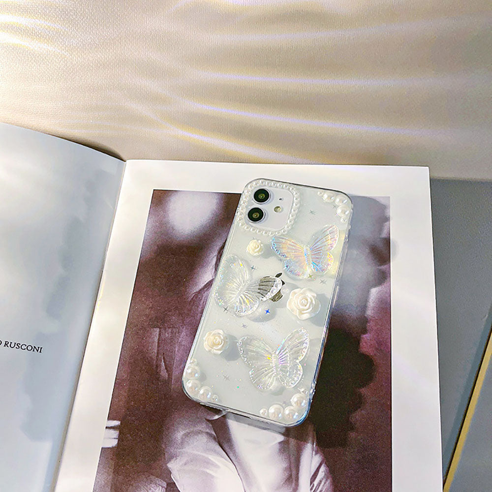 French Retro Pearl Flower Glitter Butterfly Phone Case For iPhone
