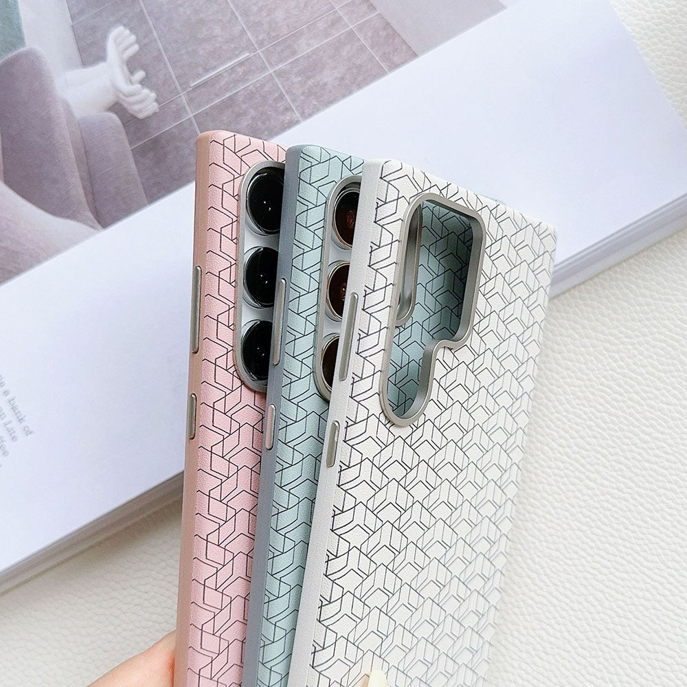 Metal Lens Frame Colored Leather Texture Phone Case For Samsung Galaxy