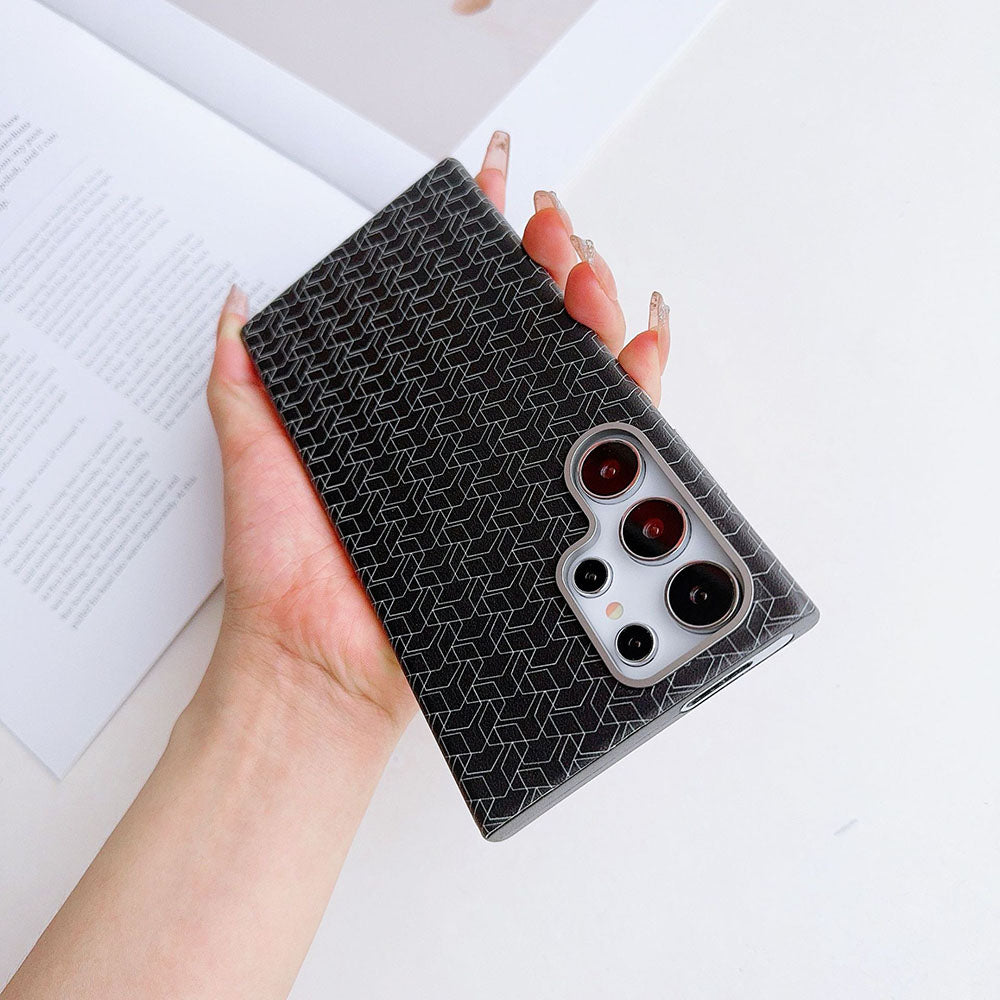 Metal Lens Frame Colored Leather Texture Phone Case For Samsung Galaxy