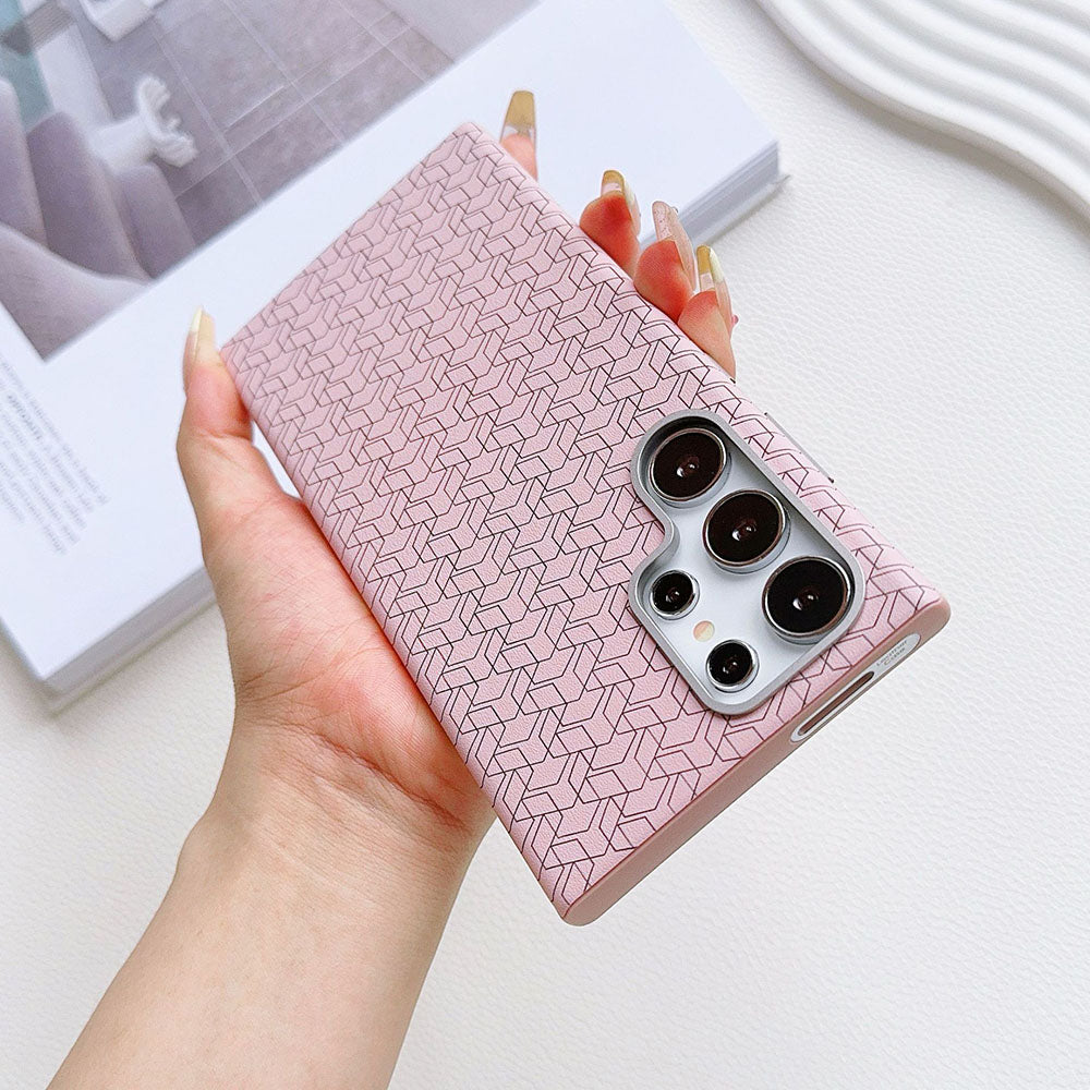 Metal Lens Frame Colored Leather Texture Phone Case For Samsung Galaxy