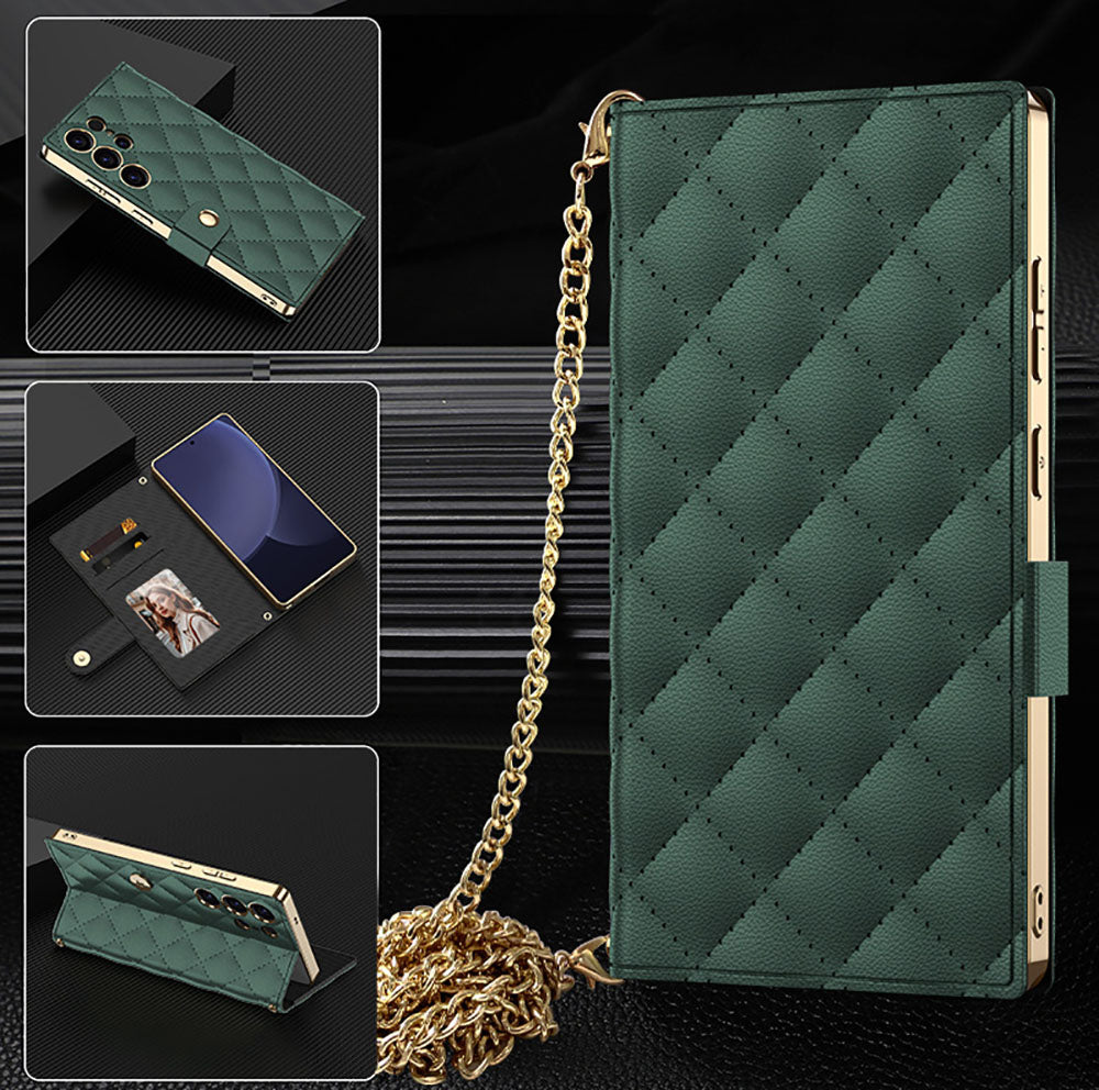 Flip Card Slot Diamond Pattern Chain Leather Phone Case For Samsung Galaxy