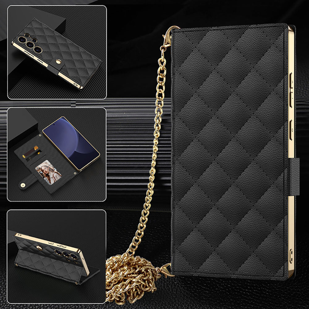 Flip Card Slot Diamond Pattern Chain Leather Phone Case For Samsung Galaxy