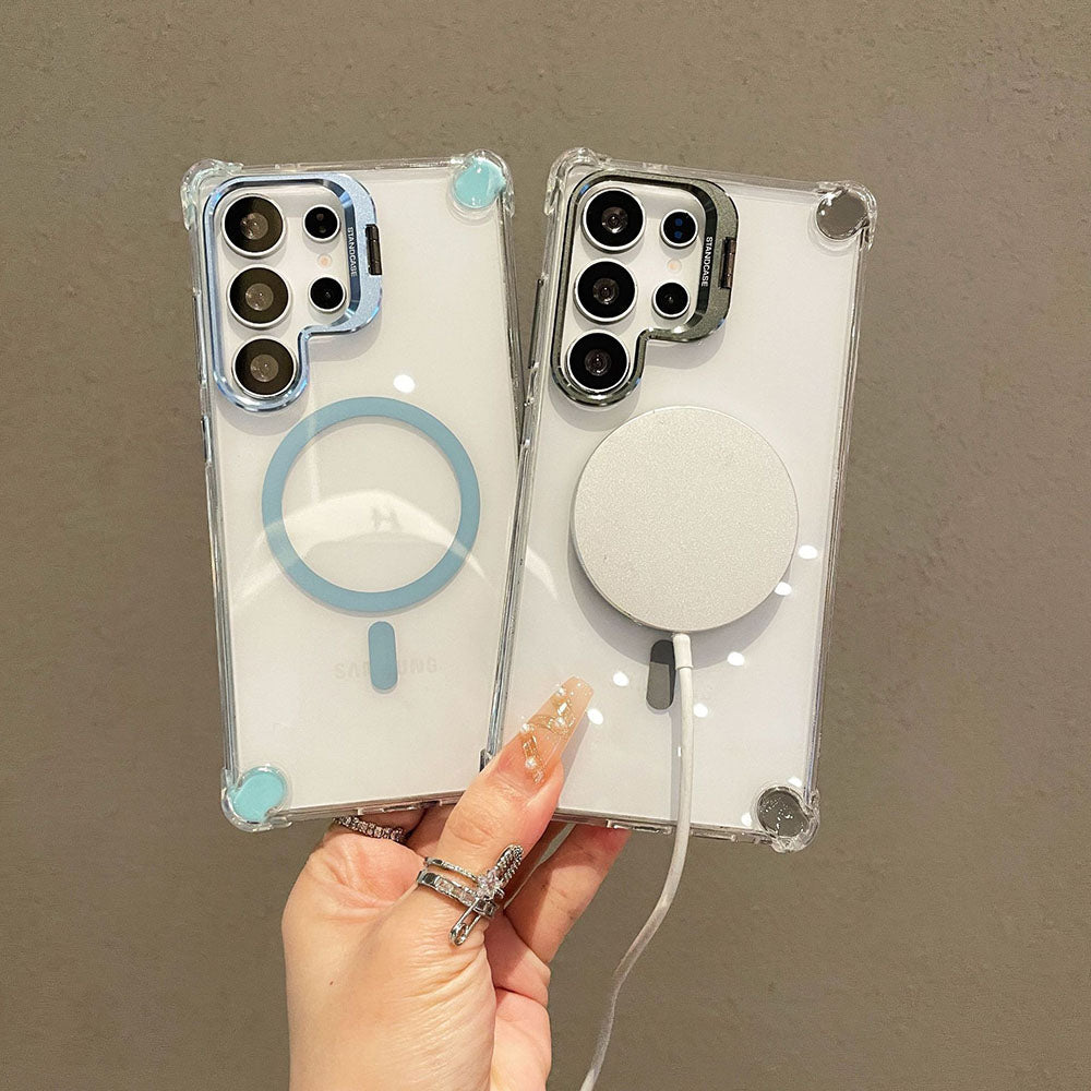 Metal Magnetic Lens Protection Bracket Transparent Phone Case For Samsung Galaxy