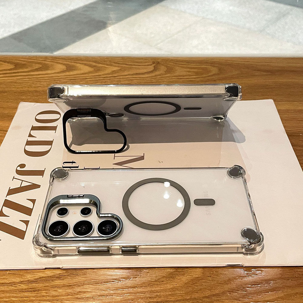 Metal Magnetic Lens Protection Bracket Transparent Phone Case For Samsung Galaxy