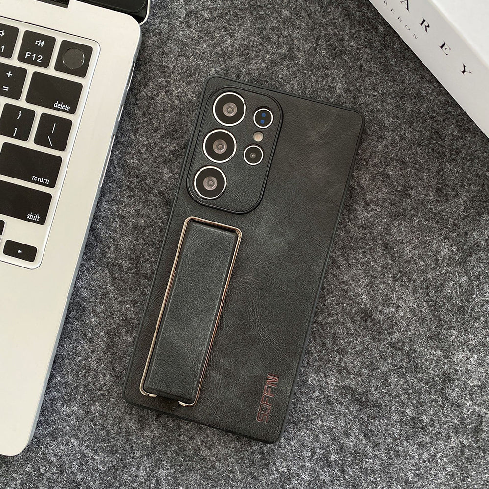 Litchi Texture Plain Leather Retro Fashion Wristband Phone Case For Samsung Galaxy