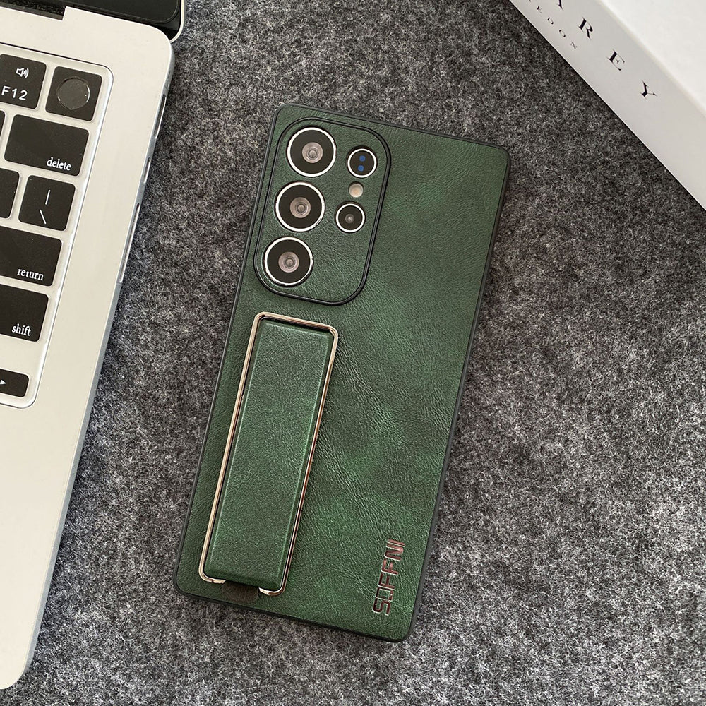 Litchi Texture Plain Leather Retro Fashion Wristband Phone Case For Samsung Galaxy