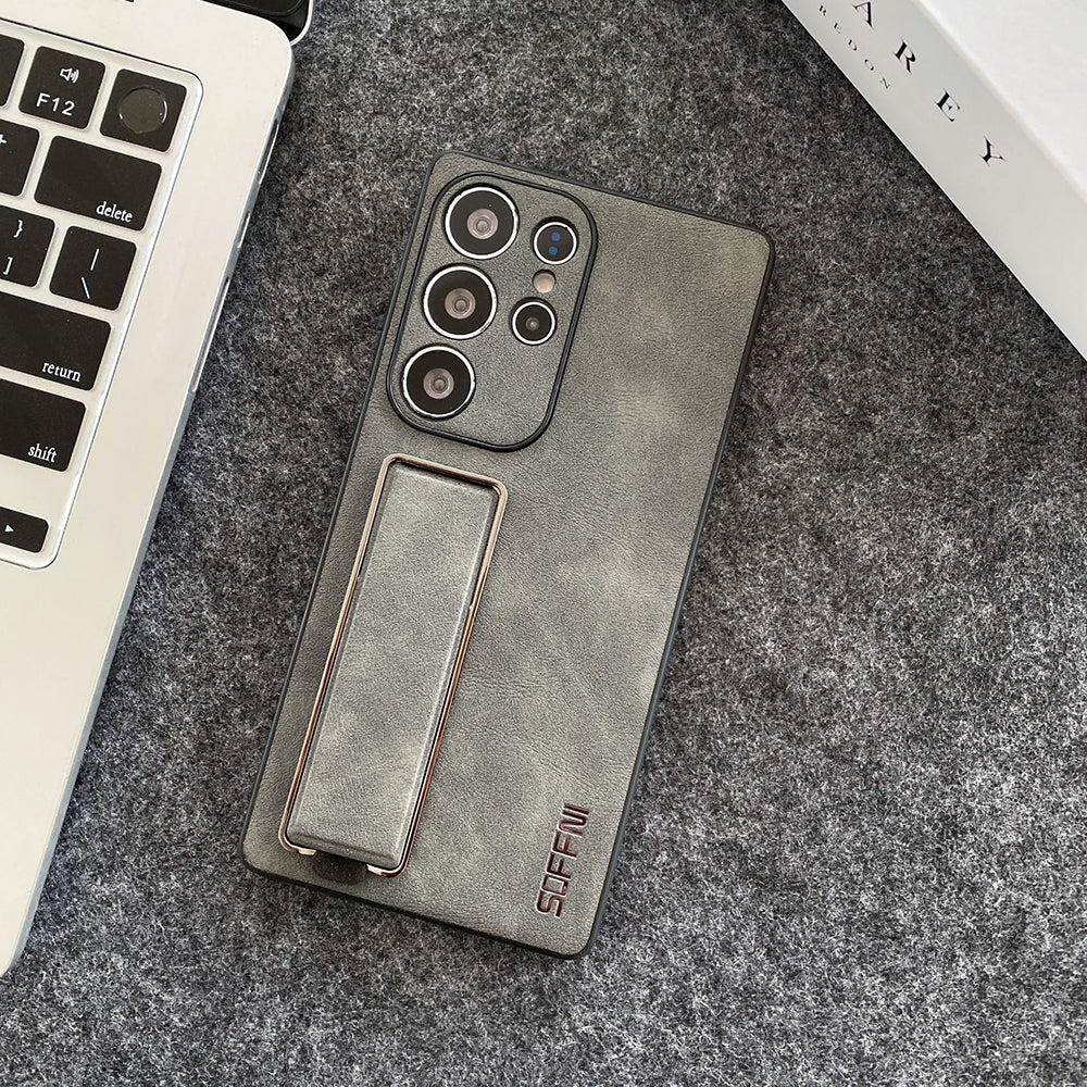 Litchi Texture Plain Leather Retro Fashion Wristband Phone Case For Samsung Galaxy