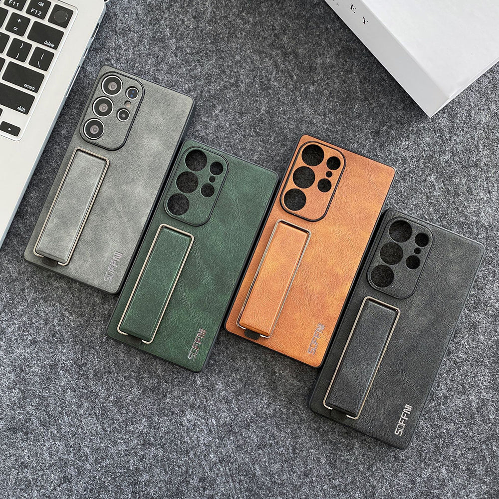 Litchi Texture Plain Leather Retro Fashion Wristband Phone Case For Samsung Galaxy