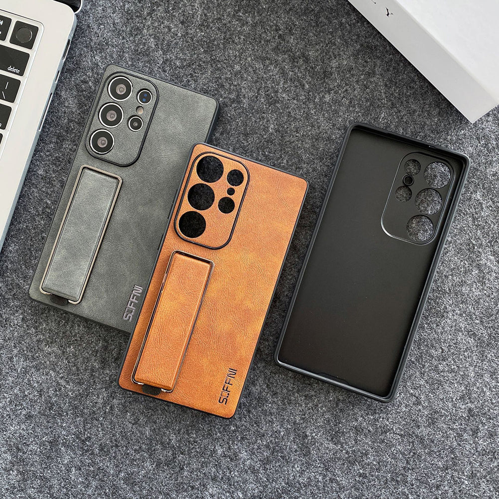 Litchi Texture Plain Leather Retro Fashion Wristband Phone Case For Samsung Galaxy