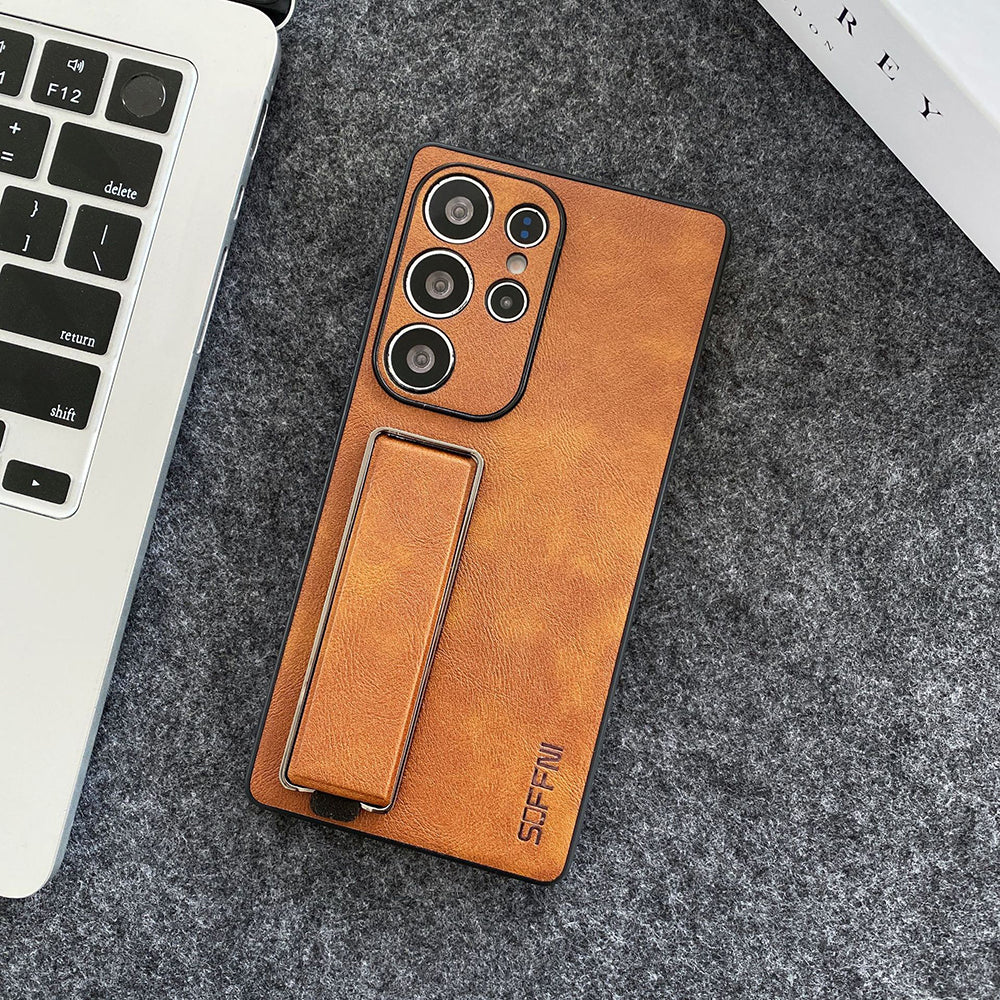 Litchi Texture Plain Leather Retro Fashion Wristband Phone Case For Samsung Galaxy